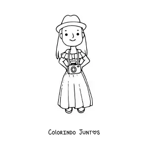 Desenho para colorir de uma turista com a câmera e um chapéu