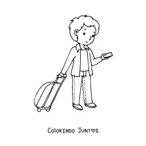 Desenho para colorir de um menino com uma mala olhando o celular