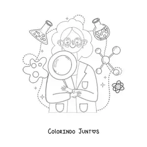 Desenho para colorir de uma mulher cientista rodeada de instrumentos de ciência