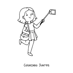 Desenho para colorir de uma garota turista tirando uma selfie