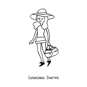 Desenho para colorir de uma garota turista com a bagagem