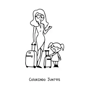 Desenho para colorir de uma mãe viajante com a filha