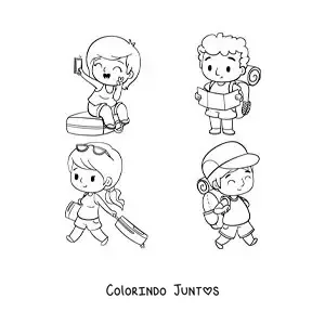Desenho para colorir de turistas kawaii com a bagagem