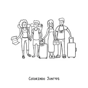 Desenho para colorir de um grupo de amigos de férias com malas
