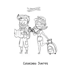 Desenho para colorir de um desenho de um casal de turistas