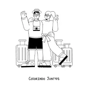 Desenho para colorir de um casal de viajantes com a bagagem e a câmera