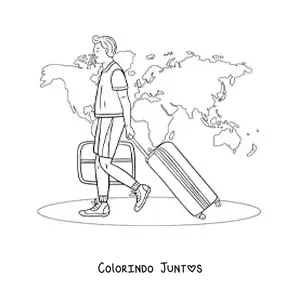 Desenho para colorir de um homem viajando pelo mundo com suas malas