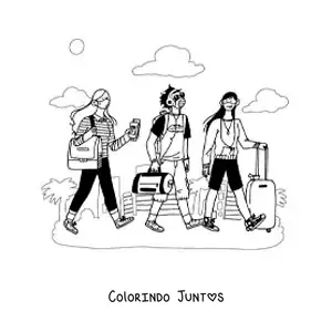 Desenho para colorir de um grupo de jovens com malas viajando na pandemia