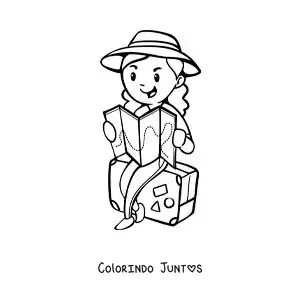 Desenho para colorir de uma turista sentada na mala lendo um mapa