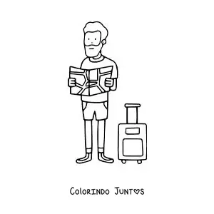 Desenho para colorir de um turista ao lado da mala lendo um mapa