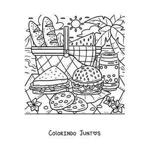 Desenho para colorir de uma cesta de piquenique na praia com um sanduíche e um hambúrguer