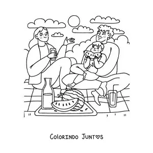 Desenho para colorir de uma família com uma criança fazendo um piquenique no parque