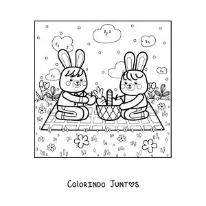 Desenho para colorir de dois coelhos animados kawaii em um piquenique no parque