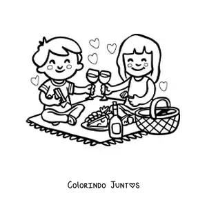 Desenho para colorir de dois apaixonados animados kawaii em um piquenique