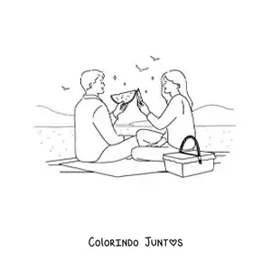 Desenho para colorir de um casal comendo melancia em um piquenique