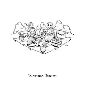 Desenho para colorir de uma família com crianças comendo em um piquenique no parque
