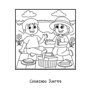 Desenho para colorir de duas crianças em um piquenique no parque