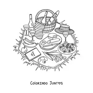 Desenho para colorir de uma toalha de piquenique com pão, queijo, frutas e outros alimentos