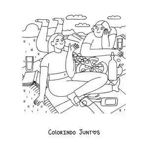 Desenho para colorir de duas amigas comendo pizza em um piquenique
