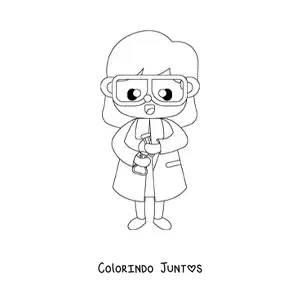 Desenho para colorir de uma mulher cientista kawaii segurando um tubo de ensaio