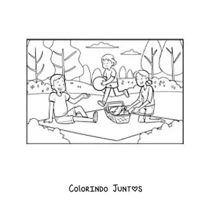 Desenho para colorir de uma menina e seus pais em um piquenique no parque