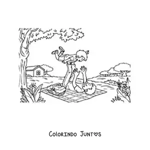 Desenho para colorir de um pai erguendo o filho em um piquenique na natureza