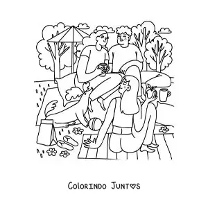 Desenho para colorir de um grupo de amigos adolescentes em um piquenique no parque