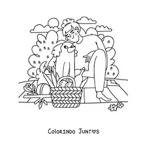 Desenho para colorir de uma garota com seu cachorro em um piquenique no parque
