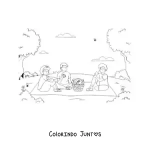 Desenho para colorir de três amigos em um piquenique no parque