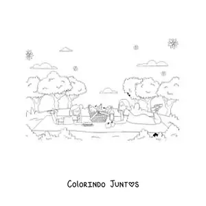 Desenho para colorir de uma mãe e sua filha deitadas em um piquenique no parque