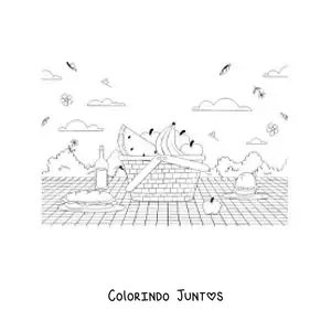 Desenho para colorir de uma cesta com alimentos sobre uma toalha de piquenique