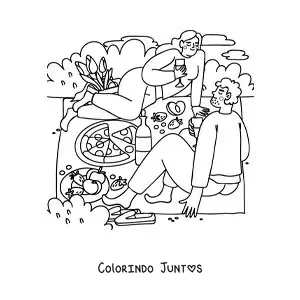 Desenho para colorir de um casal em um piquenique comendo pizza