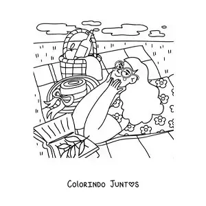 Desenho para colorir de uma garota lendo em um piquenique