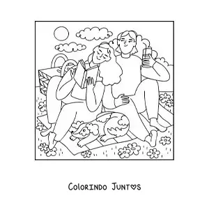 Desenho para colorir de um casal lendo em um piquenique com seu cachorro