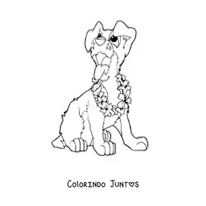 Desenho para colorir de um cachorro animado sentado usando um colar de flores