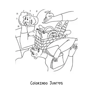 Desenho para colorir de um casal de apaixonados em um piquenique lendo e comendo