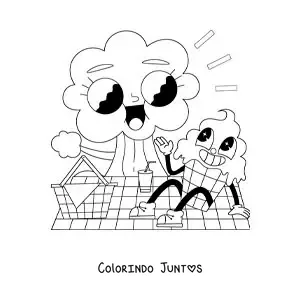 Desenho para colorir de um desenho de um sorvete animado em um piquenique no parque