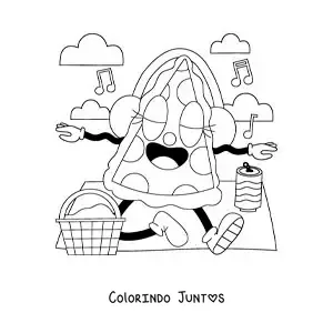 Desenho para colorir de um desenho de uma fatia de pizza animada em um piquenique