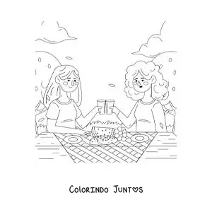 Desenho para colorir de duas garotas brindando em uma mesa em um piquenique