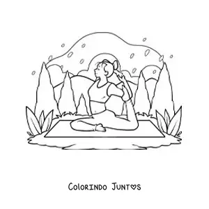 Desenho para colorir de uma garota praticando ioga na natureza
