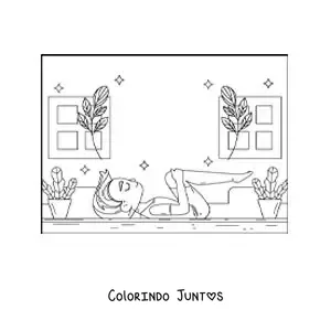 Desenho para colorir de um menino praticando ioga em casa