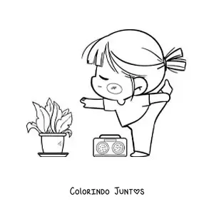 Desenho para colorir de uma garota kawaii fazendo ioga com música