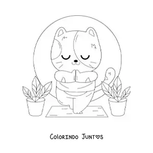 Desenho para colorir de um gato animado praticando ioga na postura da árvore