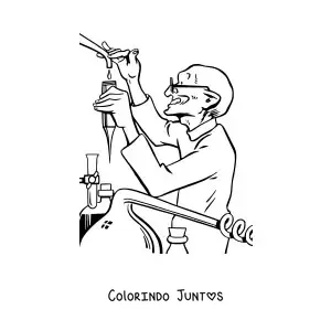 Desenho para colorir de um cientista fazendo um experimento de química