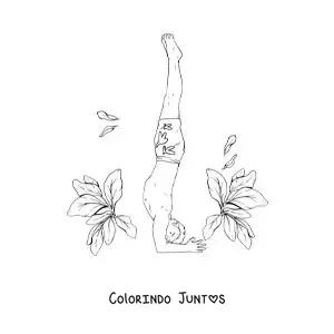 Desenho para colorir de um menino praticando ioga em uma postura sobre a cabeça