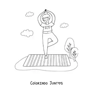 Desenho para colorir de uma mulher fazendo a postura da árvore em um parque