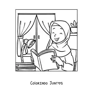 Desenho para colorir de uma menina de hijab lendo um livro no quarto