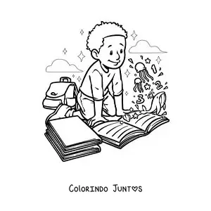 Desenho para colorir de um menino lendo um livro sobre animais marinhos que ganha vida