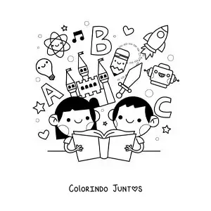 Desenho para colorir de duas crianças lendo um livro com desenhos animados