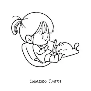 Desenho para colorir de uma menina kawaii sentada lendo um livro ao lado do seu gato
